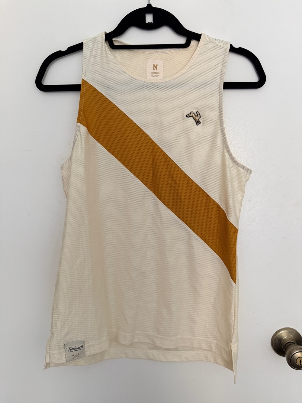 Tracksmith Cream Tank with Mustard Diagonal Stripe
